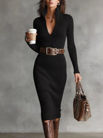 Elegant Ribbed Knit Turtleneck Midi Sweater Dress