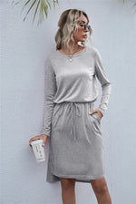 Drawstring Waist Round Neck Long Sleeve Dress