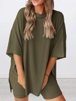 Full Size Oversized Slit Round Neck Top and Shorts Lounge Set Plus Size - Ladyez