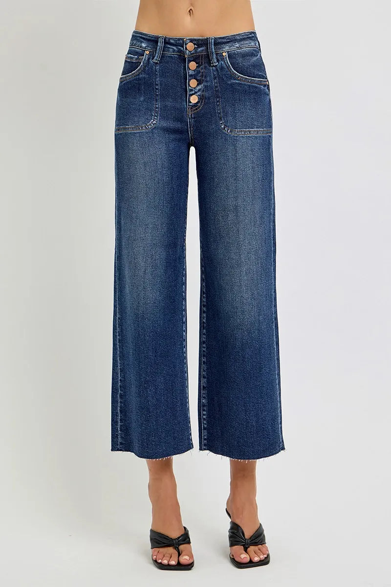 RISEN Full Size High Rise Crop Wide Button Up Jeans Plus Size - Ladyez