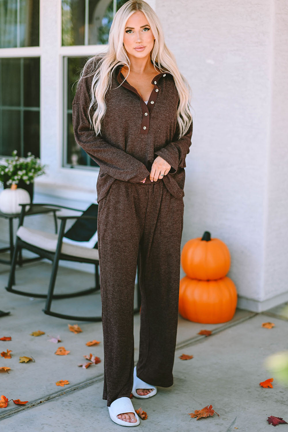 Buttoned Long Sleeve Top and Long Pants Lounge Set - Ladyez