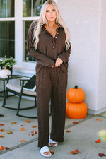 Buttoned Long Sleeve Top and Long Pants Lounge Set - Ladyez