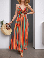 Striped Halter Maxi Dress with Cutout Detail - Ladyez