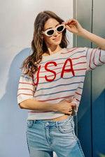 SO ME Usa Stripe Knit Short Sleeves Sweater Top