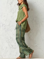 Sleeveless Cowl Neck Top and Plaid Wide-Leg Pant Set