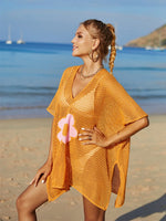Angel Wings Openwork Flower V-Neck Short Sleeve Cover Up - Ladyez