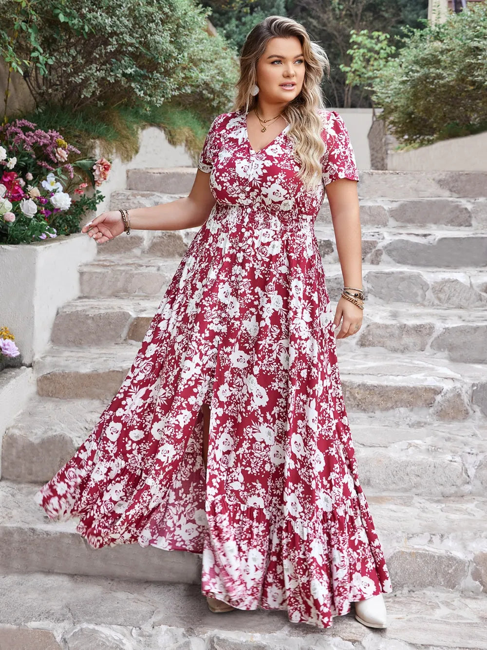 Plus Size Slit Printed V-Neck Maxi Dress - Ladyez