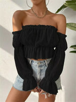 Off-Shoulder Ruffle Trim Sheer Cropped Blouse