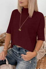 Mock Neck Half Sleeve Ribbed Sweater