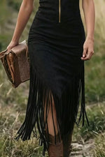 Fringe Zip Front Sleeveless Dress