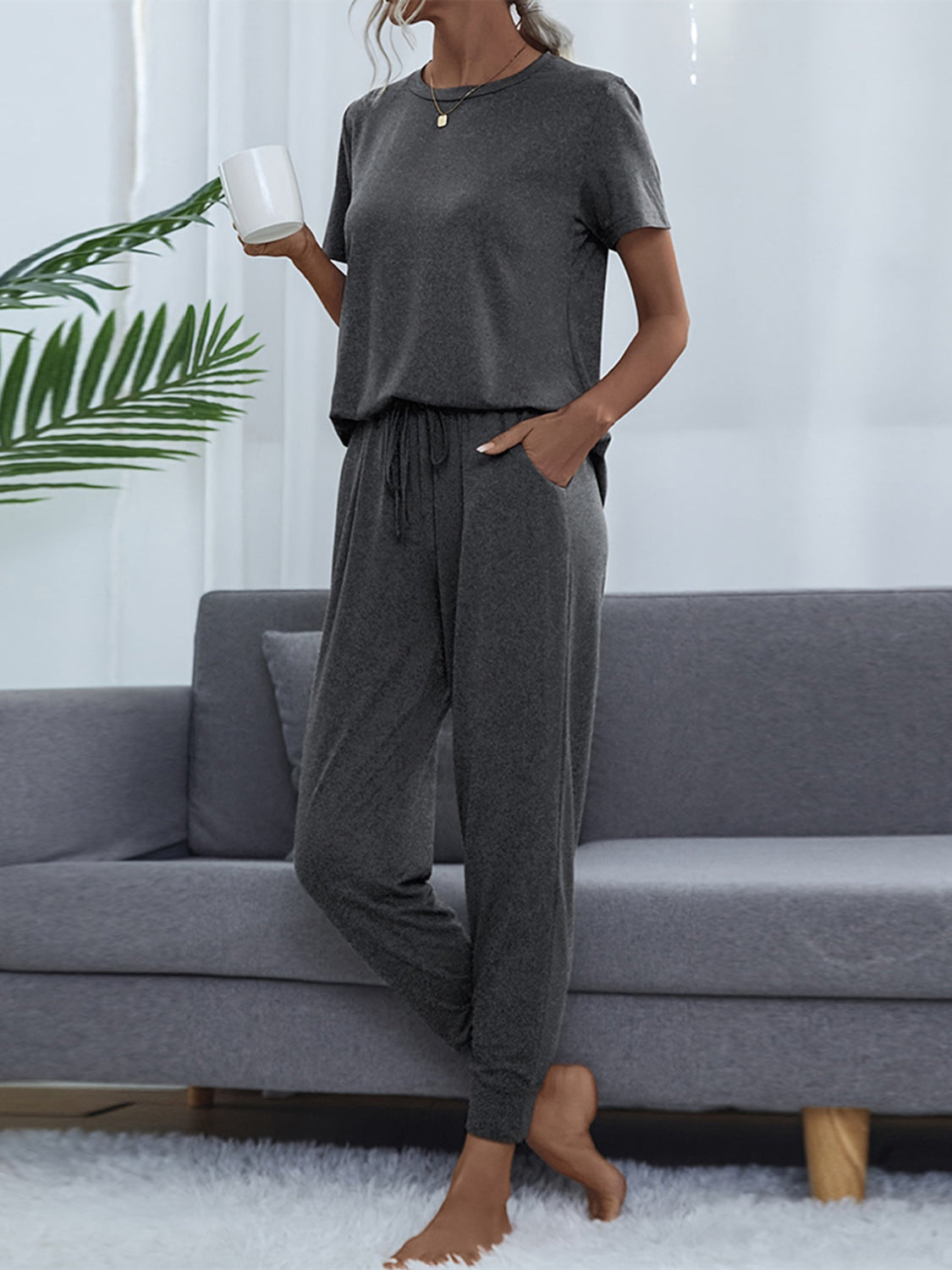 Shiny Round Neck Short Sleeve Top and Pants Set - Ladyez