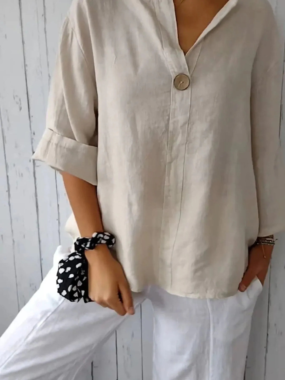 Full Size Linen Blend Notched Blouse Plus Size - Ladyez