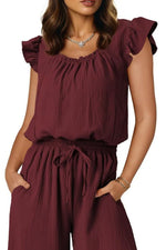 Ruffled Cap Sleeve Wide Leg Jumpsuit - Ladyez