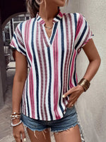 Striped Notched Short Sleeve Shirt