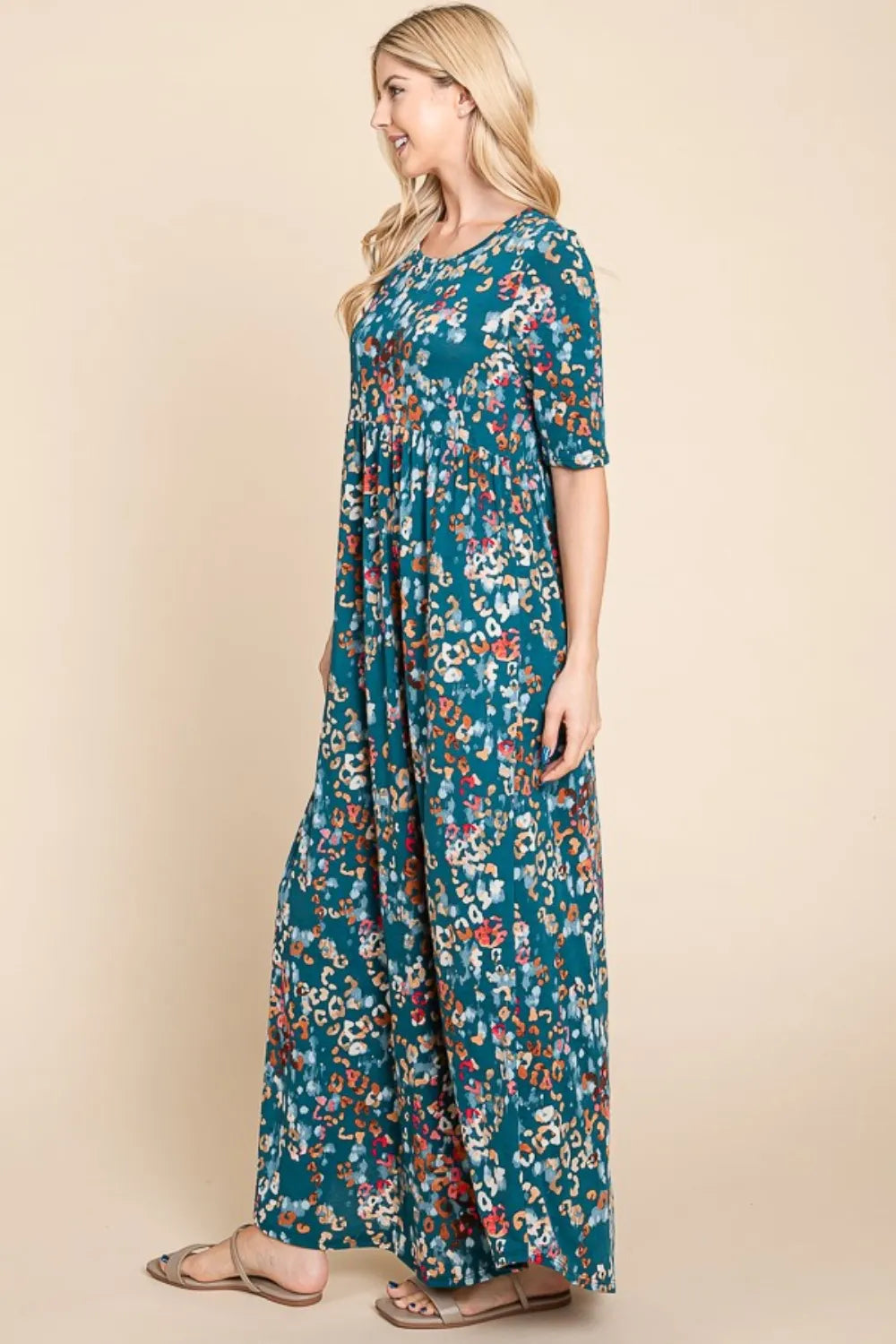 BOMBOM Printed Shirred Maxi Dress - Ladyez
