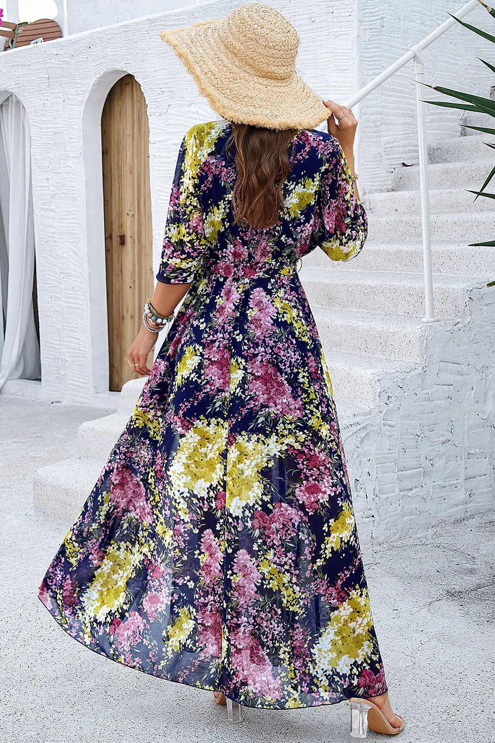 Devine Printed Tied Half Sleeve Slit Dress - Ladyez