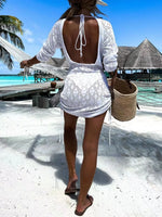 Backless Openwork Drawstring Round Neck Cover Up - Ladyez