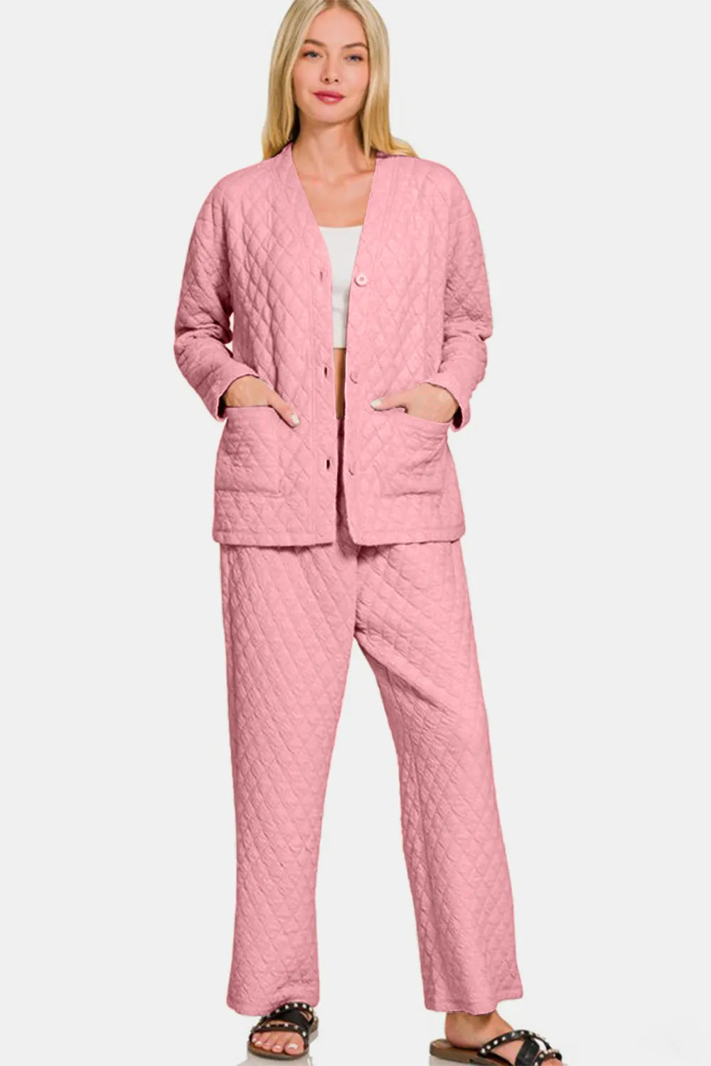 Zenana Quilted Button Up Long Sleeve Top and Pants Lounge Set - Ladyez