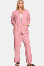 Zenana Quilted Button Up Long Sleeve Top and Pants Lounge Set - Ladyez