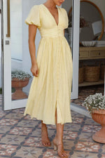 V-Neck Puff Short Sleeve Midi Dress