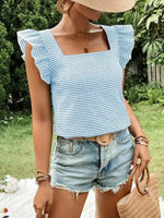 Ruffle Sleeve Gingham Square Neck Top - Ladyez