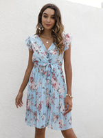 Pleated Floral Print Ruffle Sleeve Dress