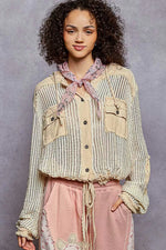 POL Texture Woven Button Down Hooded Shirt with Drawstring Hem