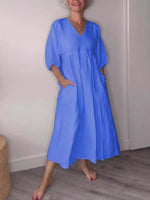 Full Size V-Neck Loose Fit Midi Dress with Pockets Plus Size