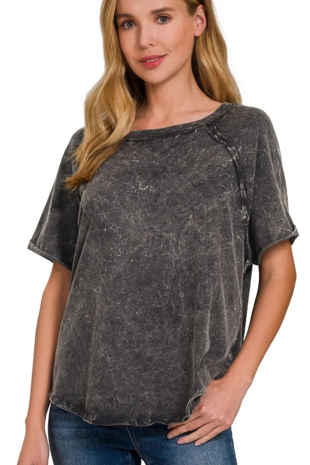 Zenana Back Patch Crinkle Washed Raglan Sleeve T-Shirts - Ladyez
