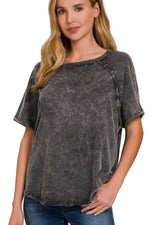 Zenana Back Patch Crinkle Washed Raglan Sleeve T-Shirts - Ladyez