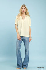 Umgee Textured Trim Detail Short Sleeve Top