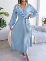 Elegant Pleated Front Tie Long Sleeve Dress