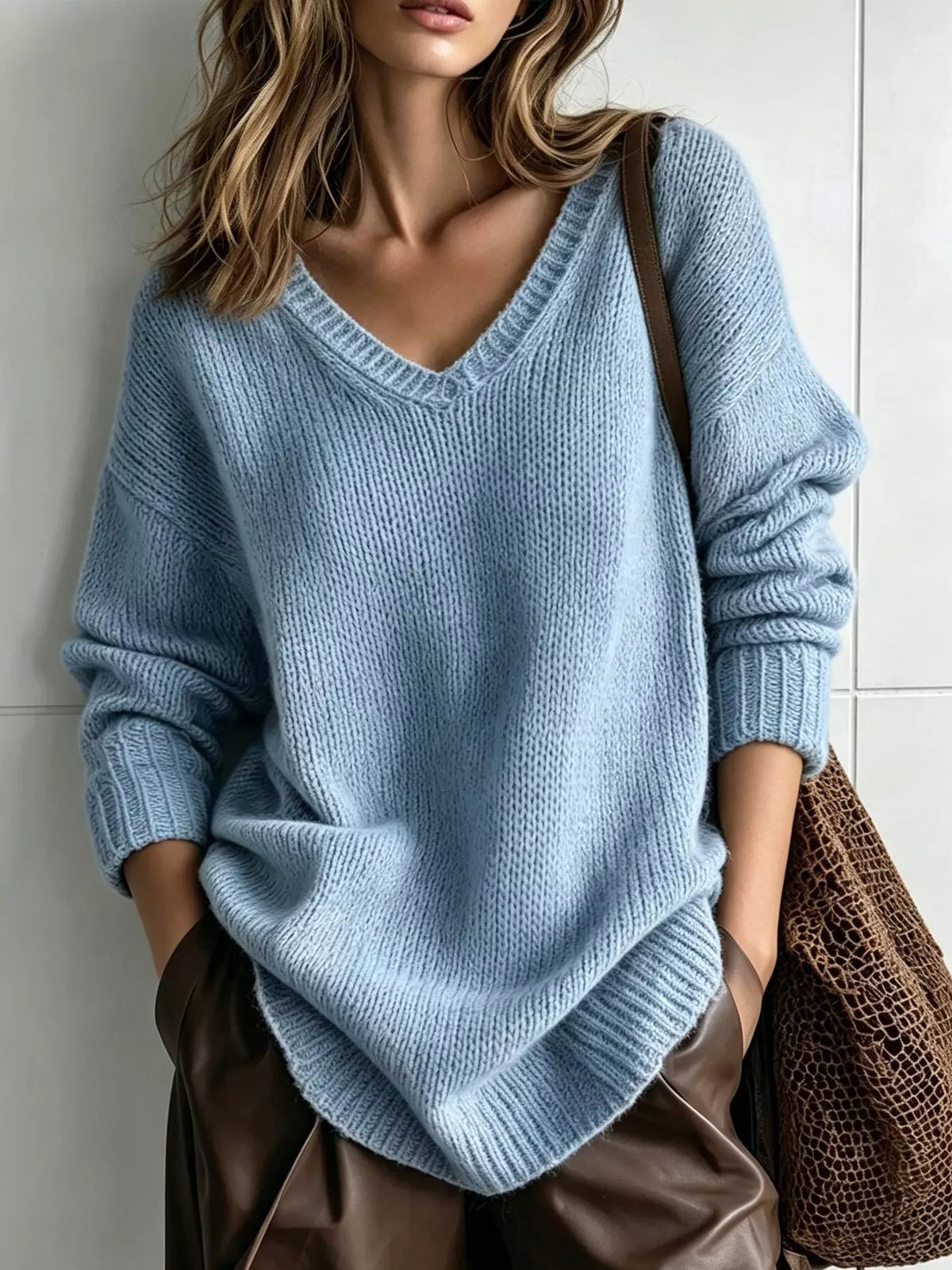 V-Neck Dropped Shoulder Sweater