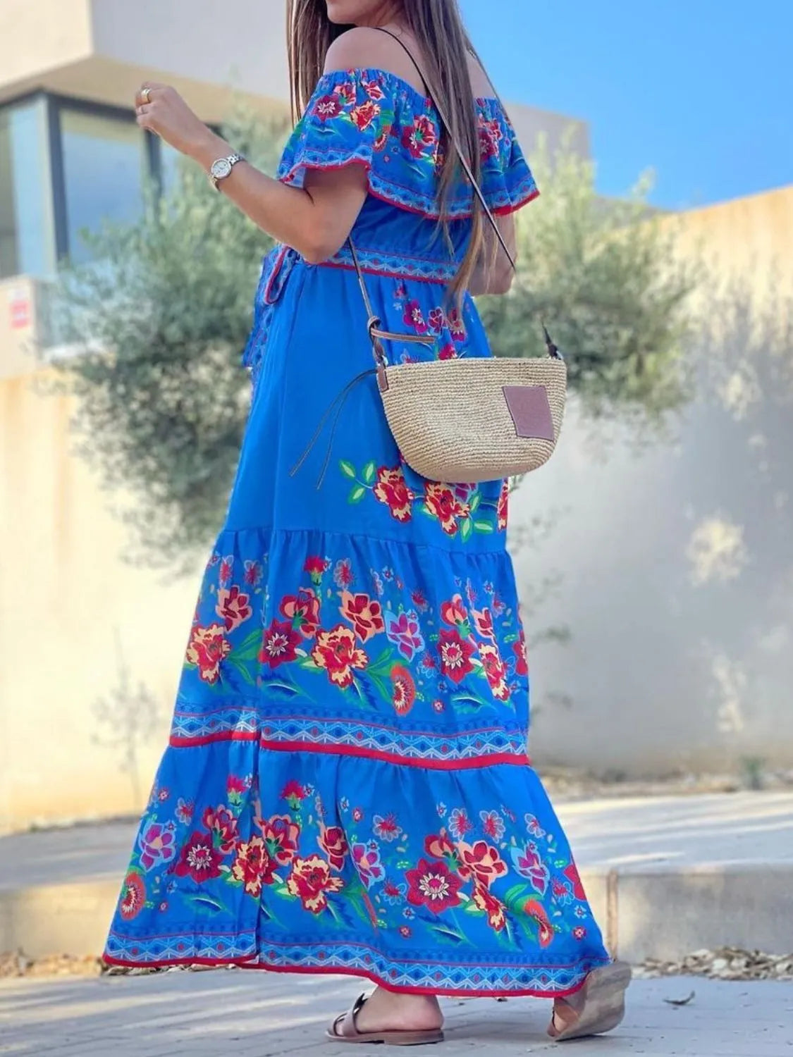 Floral Off Shoulder Ruffle Maxi Dress - Ladyez