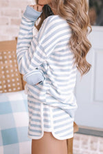 Striped Round Neck Top and Drawstring Shorts Lounge Set - Ladyez