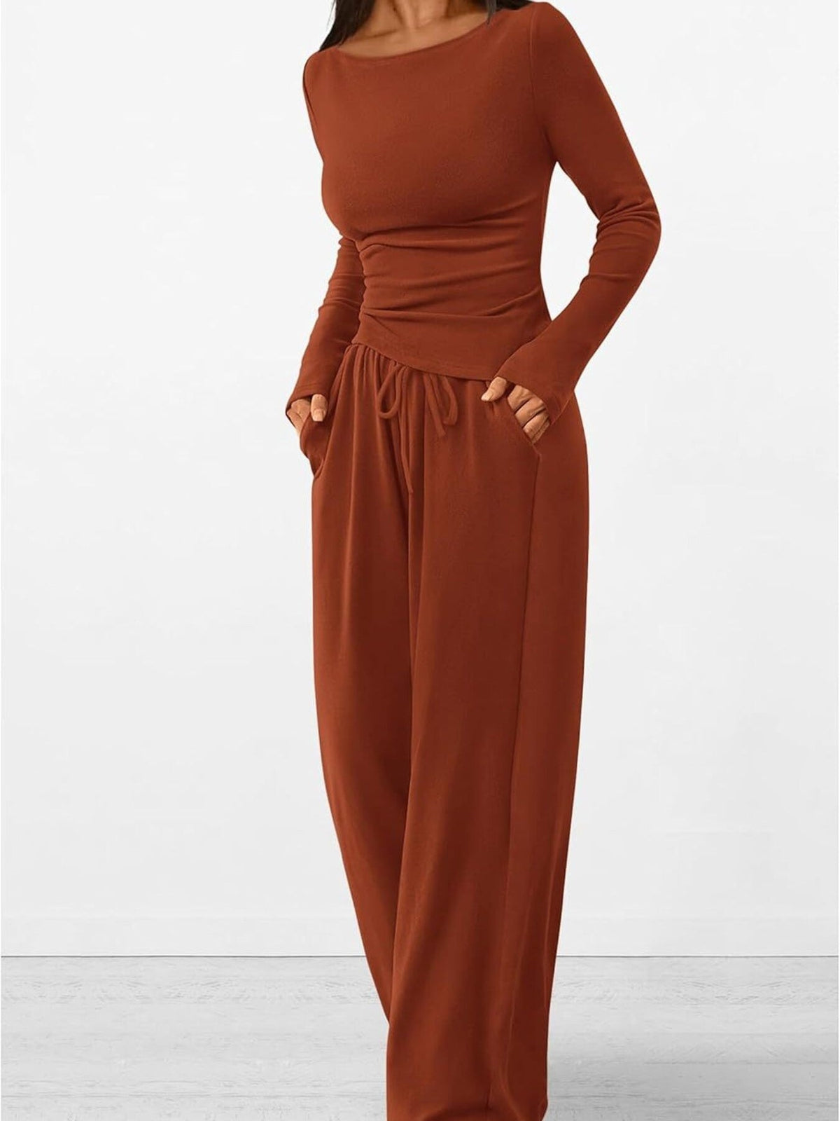 Round Neck Long Sleeve Top and Pants Set