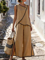Contrast Trim Top and Slit Pants Set