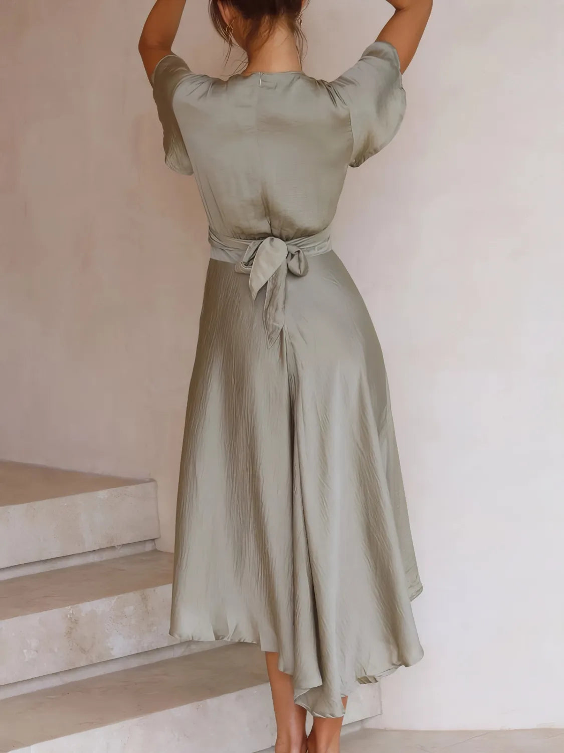 High-Low Plunge Flutter Sleeve Dress - Ladyez