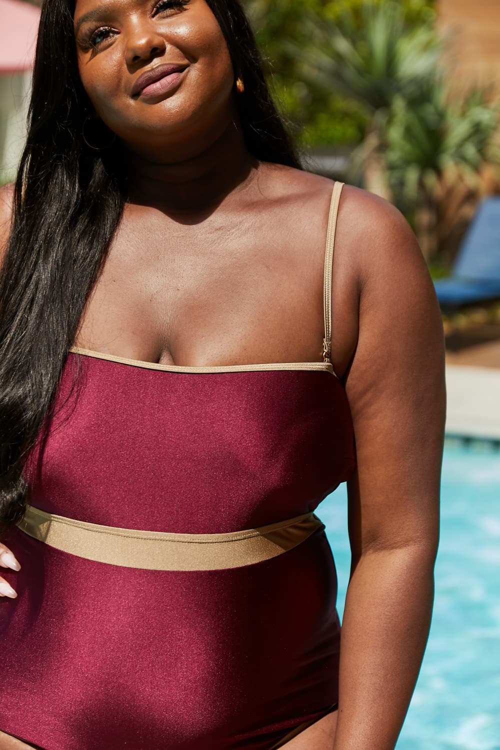 Marina West Swim Wave Break Contrast Trim One-Piece in Wine - Ladyez