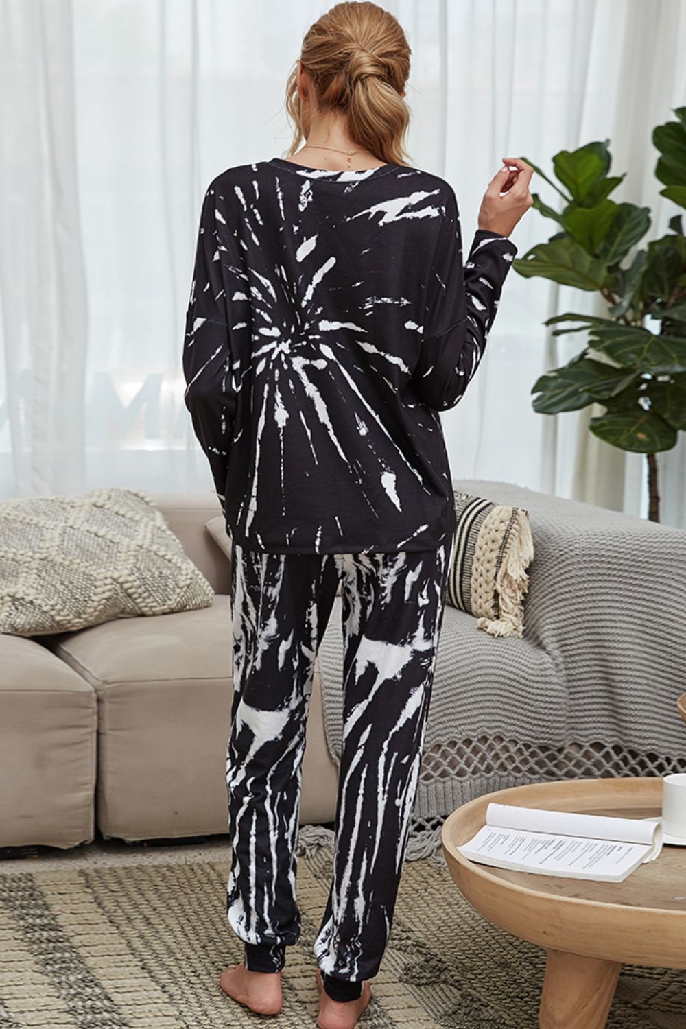Shiny Tie-Dye Round Neck Top and Drawstring Waist Joggers Lounge Set - Ladyez