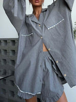 Button Up Flounce Sleeve Top and Shorts Set - Ladyez