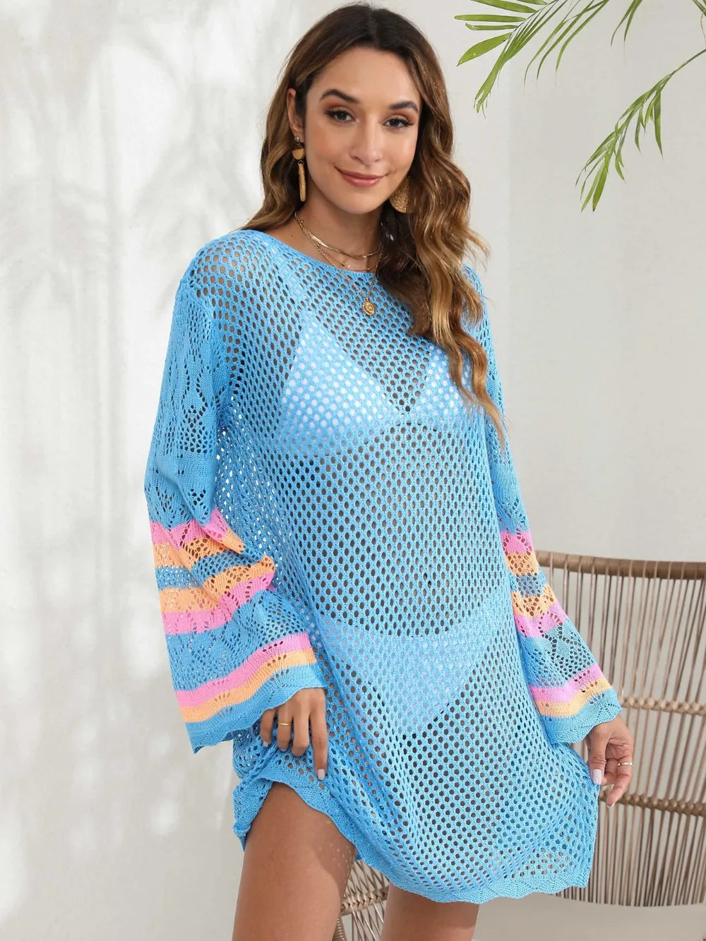 Openwork Contrast Long Sleeve Cover-Up - Ladyez