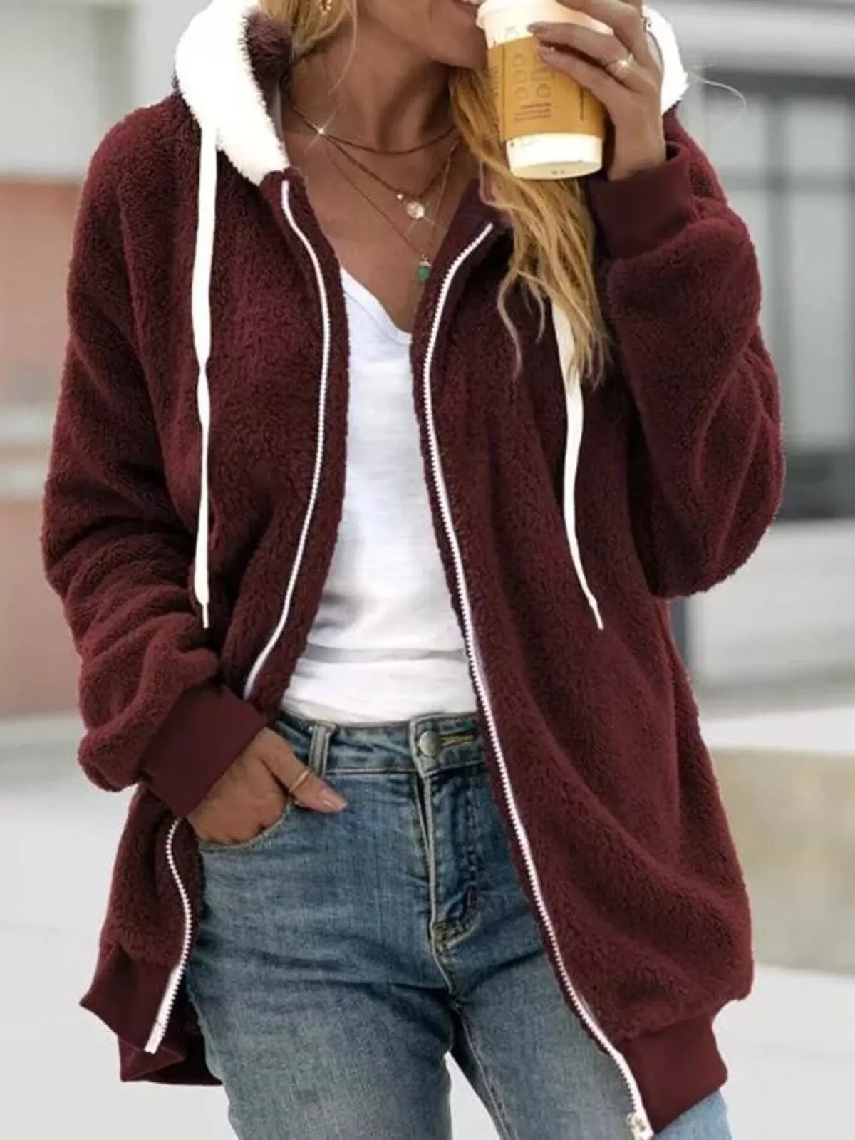 Full Size Cozy Fleece Zip-Up Hooded Jacket Plus Size