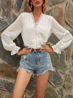 Lace Detail V-Neck Swiss Dot Blouse