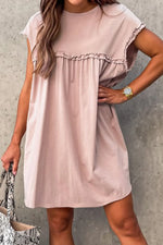 Frilled Trim Crew Neck Cap Sleeve Loose Fit Mini Dress