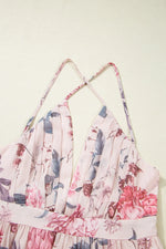 Floral Pleated Deep V Backless Maxi Dress