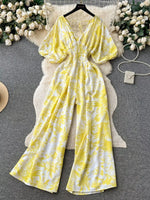 Smocked V-Neck Wide Leg Jumpsuit