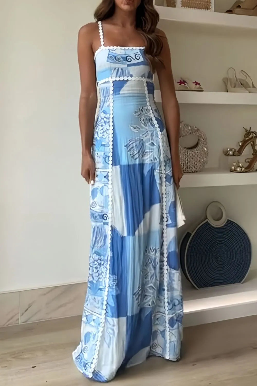 Cutout Back Printed Square Neck Maxi Dress - Ladyez
