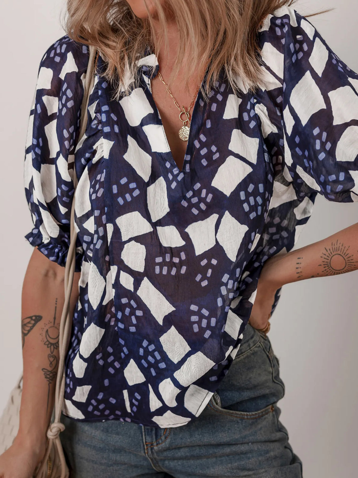 Abstract Print Frilled Puff Sleeve V Neck Blouse - Ladyez