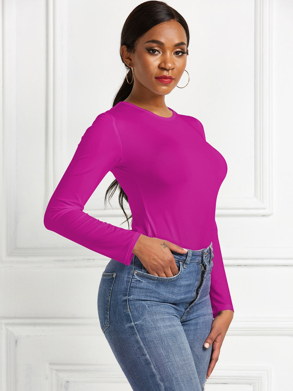 Round Neck Long Sleeve Bodysuit - Ladyez